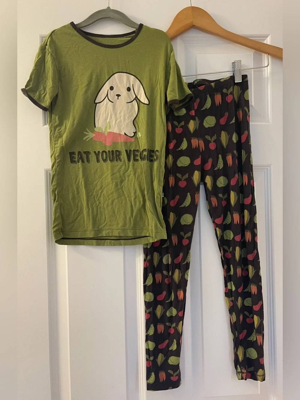 Two pairs of Kickee Pants pajamas - unisex bamboo - bunny rabbit vegetables
